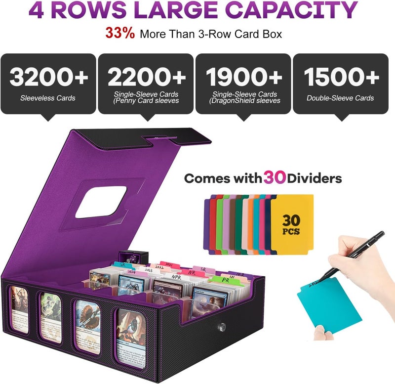Gomyrod Trading Card Storage Box - 3200+ MTG Deck Box with Commander Display & Portable Handle, 4-Row Card Case Compatible for MTG/TCG/Magic Cards, 30 Colorful Divider, 8 Card Supporters (Black & Purple) - Image 2